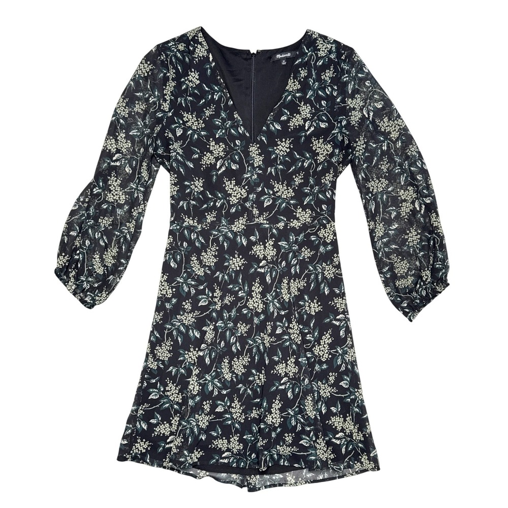 Madewell Marguerite Dress Floral Long‎ Sleeve Mini Womens Size 00 Black Green - Picture 2 of 8